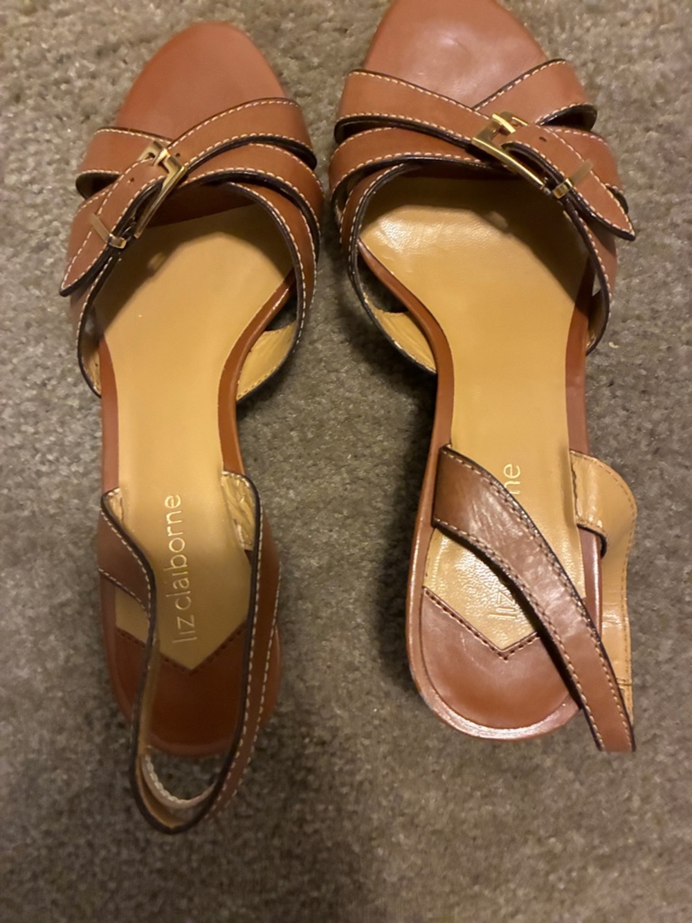 Liz Claiborne Tan-Brown Leather Slide Mules with Buckle